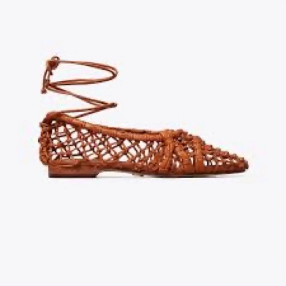 Tory Burch Brown Woven Lace-Up Flat - Picture 1 of 5